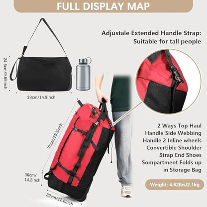 Rolling Duffle Bag with Wheels,86L 30”Carry on Luggage with Wheels,Folding Travel Bag,Duffle Backpack with Separate Shoe Compartment (Red) - color: red, size: 86L duffle bag