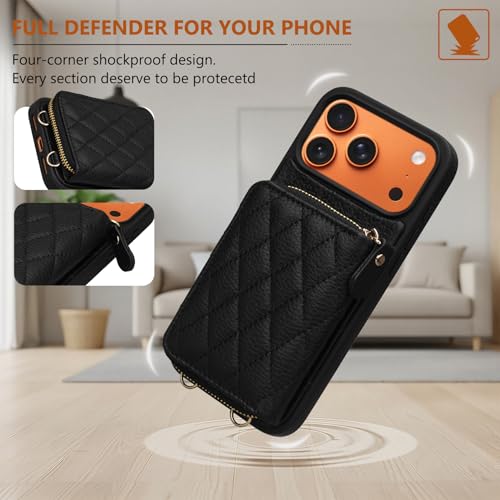Wallet Case for iPhone 18 Pro Max/iPhone 17 Pro Max 6.9", Genuine Leather Crossbody Zipper Purse with 4 Card Slots & RFID Blocking, Wrist Strap Lanyard Kickstand Flip Cover Black - color: Black, size: 6.9" iPhone 18 Pro Max/17 Pro Max