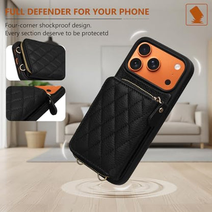 Wallet Case for iPhone 18 Pro Max/iPhone 17 Pro Max 6.9", Genuine Leather Crossbody Zipper Purse with 4 Card Slots & RFID Blocking, Wrist Strap Lanyard Kickstand Flip Cover Black - color: Black, size: 6.9" iPhone 18 Pro Max/17 Pro Max