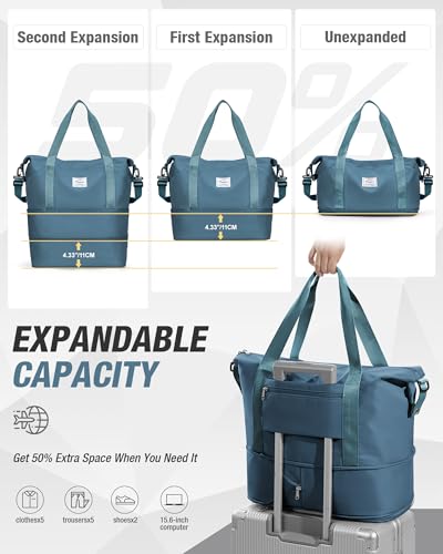 Foldable Travel Bag Expandable Duffle Bag for Women Men, Large Weekend Bags - color: Peacock Blue