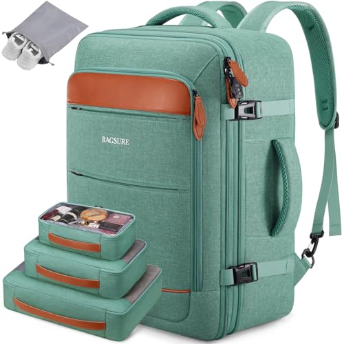 Travel Backpack Carry On Backpack 42L Flight Approved, Expandable Backpack - color: Green-brown (Backpacks With 4 Packing Cubes)