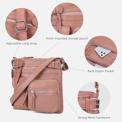 KouLi Buir Crossbody Bag for Women, Leather Purse with Adjustable Strap Lightweight Shoulder Bag with Zipper Pockets - color: Pink