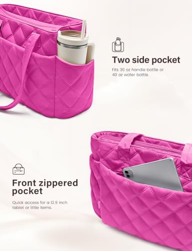 Uselike Tote Bag for Women, Lightweight Puffer Tote Work Bags with Compartments for Travel, Quilted Shoulder Bag with Zipper - color: Raspberry Pink