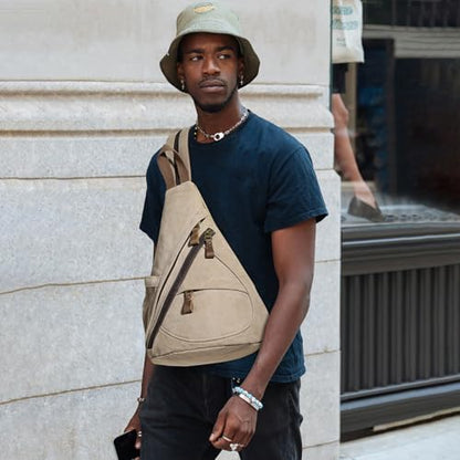KL928 Canvas Sling Bag - Small Crossbody Backpack Shoulder Casual Daypack Rucksack for Men Women(Large Version,Khaki) - color: Canvas-khaki