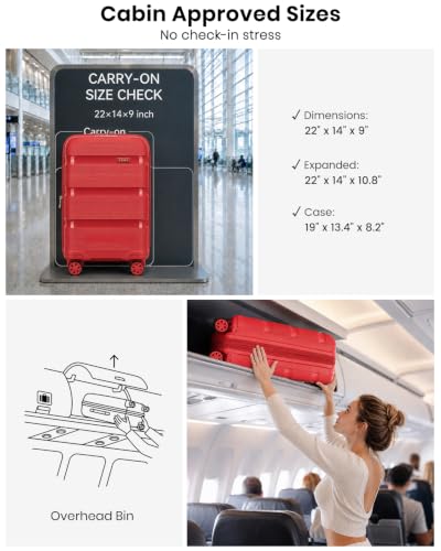 Kono 20 Inch Expandable Carry on Luggage, Airline Approved Suitcase, Red - color: Red, size: Carry-on 20-inch expandable