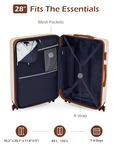 Coolife Luggage, Lightweight and Durable Hardshell, 28 in, apricot white | Checked Suitcase with ABS Hardshell, 360° Dual Spinner Wheels, TSA Lock, YKK Zipper, Aluminum Handle, and 15% Expansion - color: apricot white, size: L(28in)