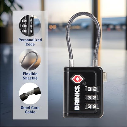 Brinks TSA Accepted Luggage Lock with 1.5" Long Cable Shackle, Black, 4Pack - color: Black, size: 1.5" Shackle