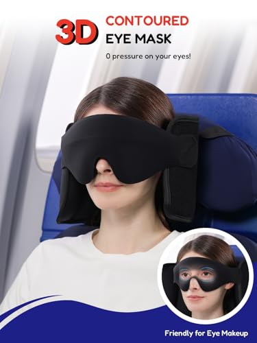 Travel Pillow for Airplanes Head Strap Support, 3D Eye Mask | 360 Airline Sleep Support Headrest Pillow No Bobbing Head Sleeping Aid Travel Essentials Long Flights/Car/Trip Faded Blue - color: Faded Blue