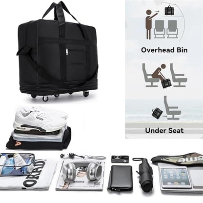 32 Inch Expandable Suitcase with Wheels, Waterproof Large Duffel Bag with 5 Silent Wheels & TSA Lock, Lightweight Collapsible Rolling Travel Bag with 2 Packing Straps, Wheeled Luggage for Air Travel - size: M - 5-Wheels with Lock & Starps