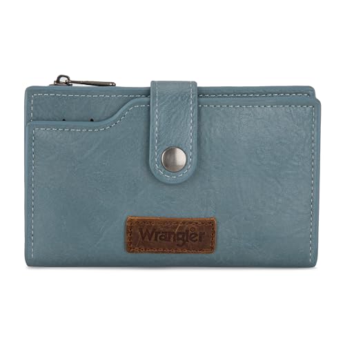 Wrangler Wallet for Women Bifold Card Holder with Zipper and ID Window - color: A-Jean Blue