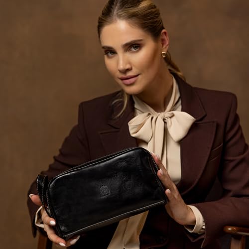 Time Resistance Leather Cosmetic Bag - Italian Toiletry Dopp Kit (Black) - color: Black