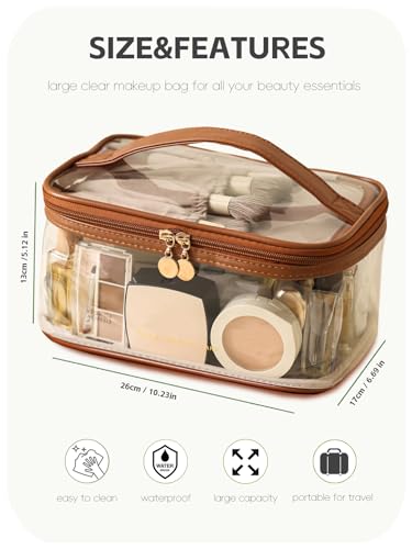 Meiyuuo Clear Travel Makeup Bag with Divider，Women Toiletry Bag Brown - color: Brown