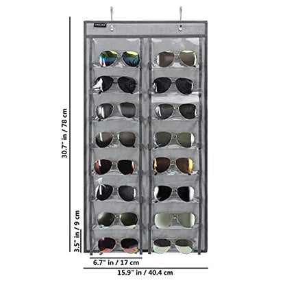 Over the Door Hanging Sunglasses Organizer Storage Sunglass Rack Holder Eyewear Display Case with 16 Clear Dust Proof Pockets (16 Pockets-Grey) - color: 16 Pockets-Grey
