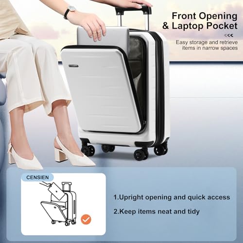 CENSIEN Expandable 20" Carry On Luggage Airline Approved with Front Pocket - color: White, size: 20 Inch EXT