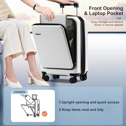 CENSIEN Expandable 20" Carry On Luggage Airline Approved with Front Pocket - color: White, size: 20 Inch EXT