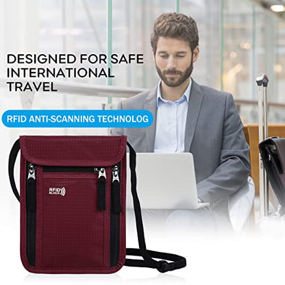 Travel Pouch Neck Wallet Family Passport Holder Organizer Case with RFID Blocking - color: Wine Red