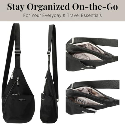 Baggallini Mini Sling - 12x7 Sling Crossbody Bag Backpack with Adjustable Shoulder Strap - color: Black/Sand