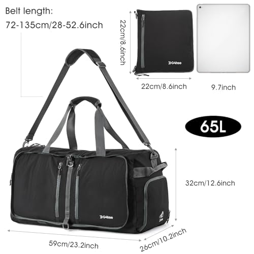 G4Free 65L Foldable Duffle Bag with Shoe Compartment for Travel Large Overnight Carry On Duffel Bag Packable for Men