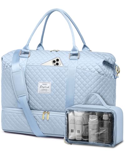 Travel Weekender Duffle Bag for Women: Overnight Bags with Shoe Compartment - color: 9-Light Blue, size: Large
