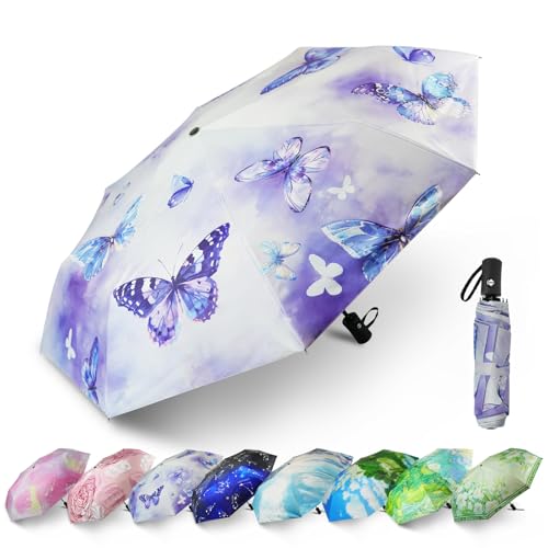 SY COMPACT Travel Umbrella - Windproof Automatic Compact Umbrellas for Rain - color: Purple Butterfly