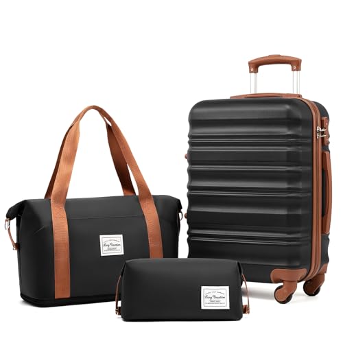 LONG VACATION Luggage Sets, 3 Piece, 20 Inch Carry On Hardshell Suitcase - color: BLACK-BROWN, size: 3-Piece Set (20-Inch)