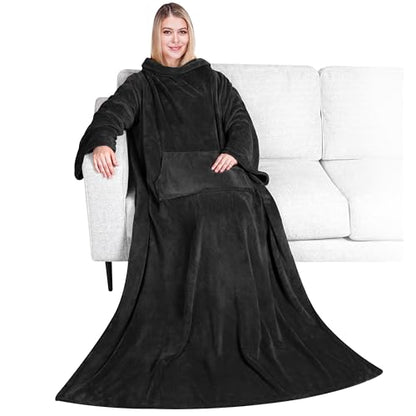 PAVILIA Blanket with Sleeves for Adult Women Men, Soft Warm Wearable Blanket Fleece Wrap Throw, Robe Blanket Gift - color: Black