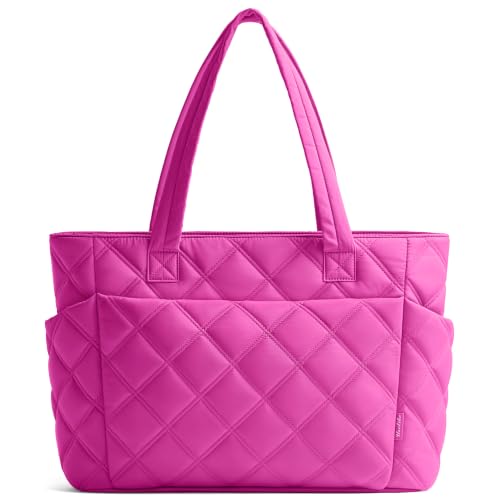 Uselike Tote Bag for Women, Lightweight Puffer Tote Work Bags with Compartments for Travel, Quilted Shoulder Bag with Zipper - color: Raspberry Pink