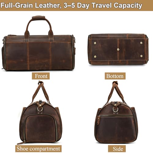 Full Grain Genuine Leather 2-in-1 Garment Dufflel Bag for Men Foldable Suit Carrier with Independent Shoe Compartment, Large Capacity Weekender Overnight Travel Bag for Business Trips, Coffee - color: Y2201FMY - Coffee