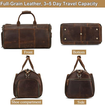 Full Grain Genuine Leather 2-in-1 Garment Dufflel Bag for Men Foldable Suit Carrier with Independent Shoe Compartment, Large Capacity Weekender Overnight Travel Bag for Business Trips, Coffee - color: Y2201FMY - Coffee