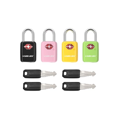 SURE LOCK Mini TSA Approved Keyed Luggage Lock – One Key Opens All, Fits Tight Zipper Gaps & Small Pull Holes, Compact Travel Lock for Suitcases, Backpacks & Handbags - color: 4 COLOR LOCKS