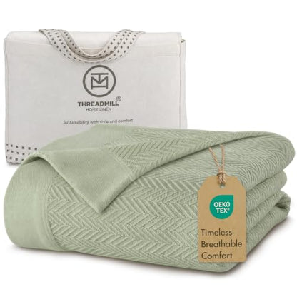 Threadmill Luxury 100% Cotton Queen Herringbone Blanket, Sage Green - color: Sage Green, size: Queen (90" x 92")