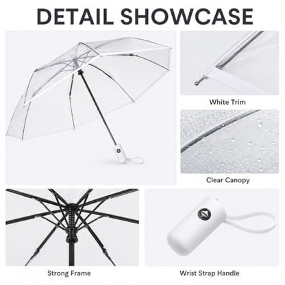 Full Automatic Folding Transparent Umbrella,Lightweight Clear Canopy,Waterproof,Strong Compact Windproof Umbrella for Golf,Backpack and Travel, Weddding - color: Clear White