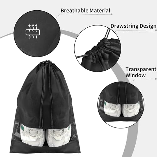 Black Travel Shoe Bags - 10 Pcs Non-Woven Packing Bags with Clear Window - color: Black, style: 10 Pack