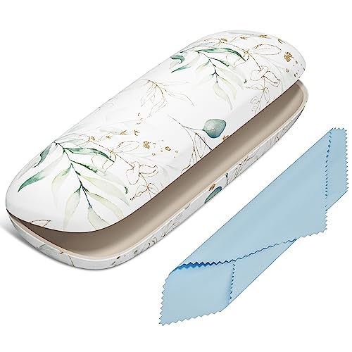 Eyeglasses Case, Hard Shell Protective Case for Glasses, Unisex for Women Men - color: White Background Leaves