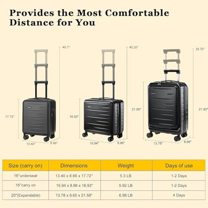CENSIEN Expandable 16 Inch Underseat Carry On Luggage Airline Approved - color: Black, size: 16 Inch Underseat EXT