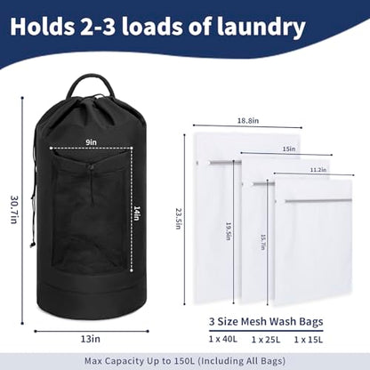 150L Laundry Bag Backpack with 3 Sizes Mesh Wash Bags and Shoulder Straps - color: Black, size: 150L