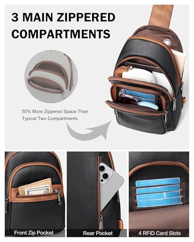 FADEON Sling Bag for Women, Designer Small Crossbody Bags, Adjustable Strap - color: Retro Black With Brown