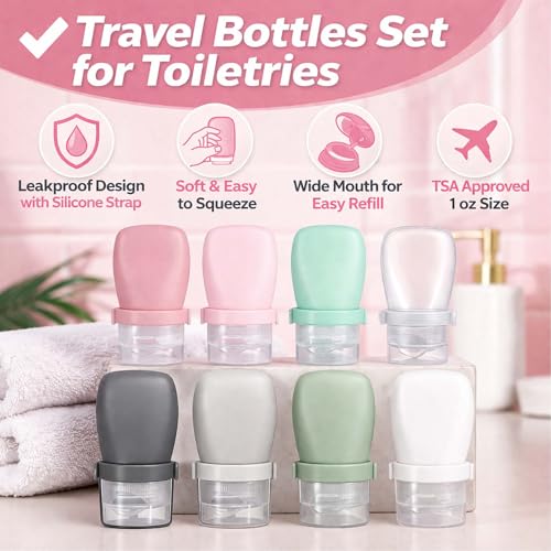 1 oz Silicone Travel Bottles, Leakproof Squeeze Bottle Mini Travel Size Container for Toiletries Lotion Shampoo and Conditioner Liquid Salad Dressing to go Condiment, TSA Approved, 4 Pack - color: Black, Grey, Pink, Green, size: 1 oz