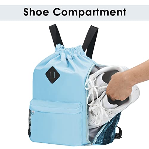 WANDF Drawstring Backpack with Shoe Compartment, Sports Gym Bag - color: L, Light Blue, size: Large