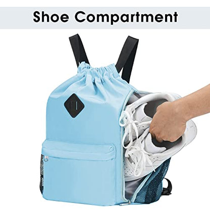 WANDF Drawstring Backpack with Shoe Compartment, Sports Gym Bag - color: L, Light Blue, size: Large