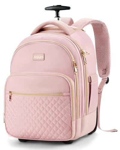 Arcoyard Rolling Backpack for Women, 15.6 Inch Travel Backpack with Wheels - color: Pink Gold, size: 15.6-inch