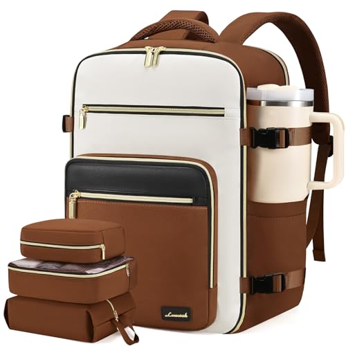 LOVEVOOK Travel Backpack For Women,40L Carry On TSA Personal Item Bag - color: Brown and White and Black, size: 17.3 Inch-40L-4Pcs