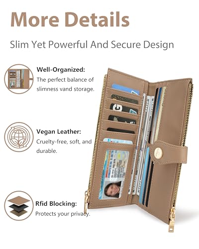 Women's Slim Wallet,Thin RFID Card Holder with Zipper Pocket - color: Camel, size: Bifold