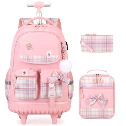 ACESAK Rolling Bow Backpack for Girls with Lunch Bag & Pencil Pouch - color: Pink