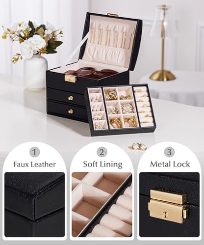 Homde Small Jewelry Box for Girls: 3-Layer Lockable Organizer(Black) - color: Graphite Black