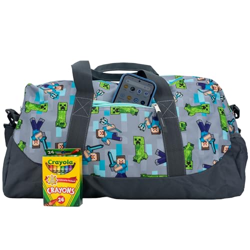 Minecraft Duffle Bag, 16 inch Travel Sleepover Weekender Bag for Girls & Boys, Green/Gray - color: Grey