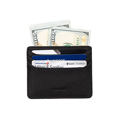 grande 3633 Genuine Leather Card Holder For Women and Men Super Slim Minimalist Small Snap Wallet (Black) - color: Black