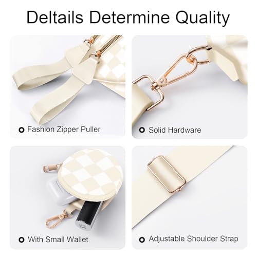 Bum Bags for Women Checkered Crossbody Bag Large Nylon Belt Purse Fanny Packs, Bonus with a Extra Strap - color: Beige Checkered