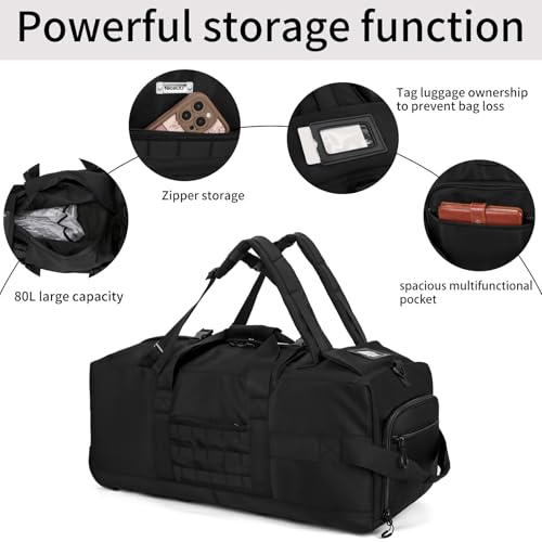 80L Travel Rolling Duffel Bag with wheels, Military Tactical Wheeled Foldable for Deployment Travel Camping Sports - color: Matte Black