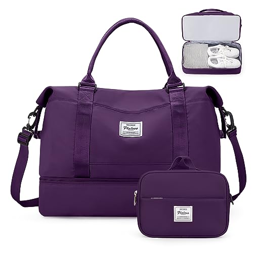 Weekender Bags for Women, Carry-On Overnight Travel Duffel Bag | Travel Bag with Shoes Compartment & Toiletry Bag, Extra Large - color: Dark Purple, size: Extra Large